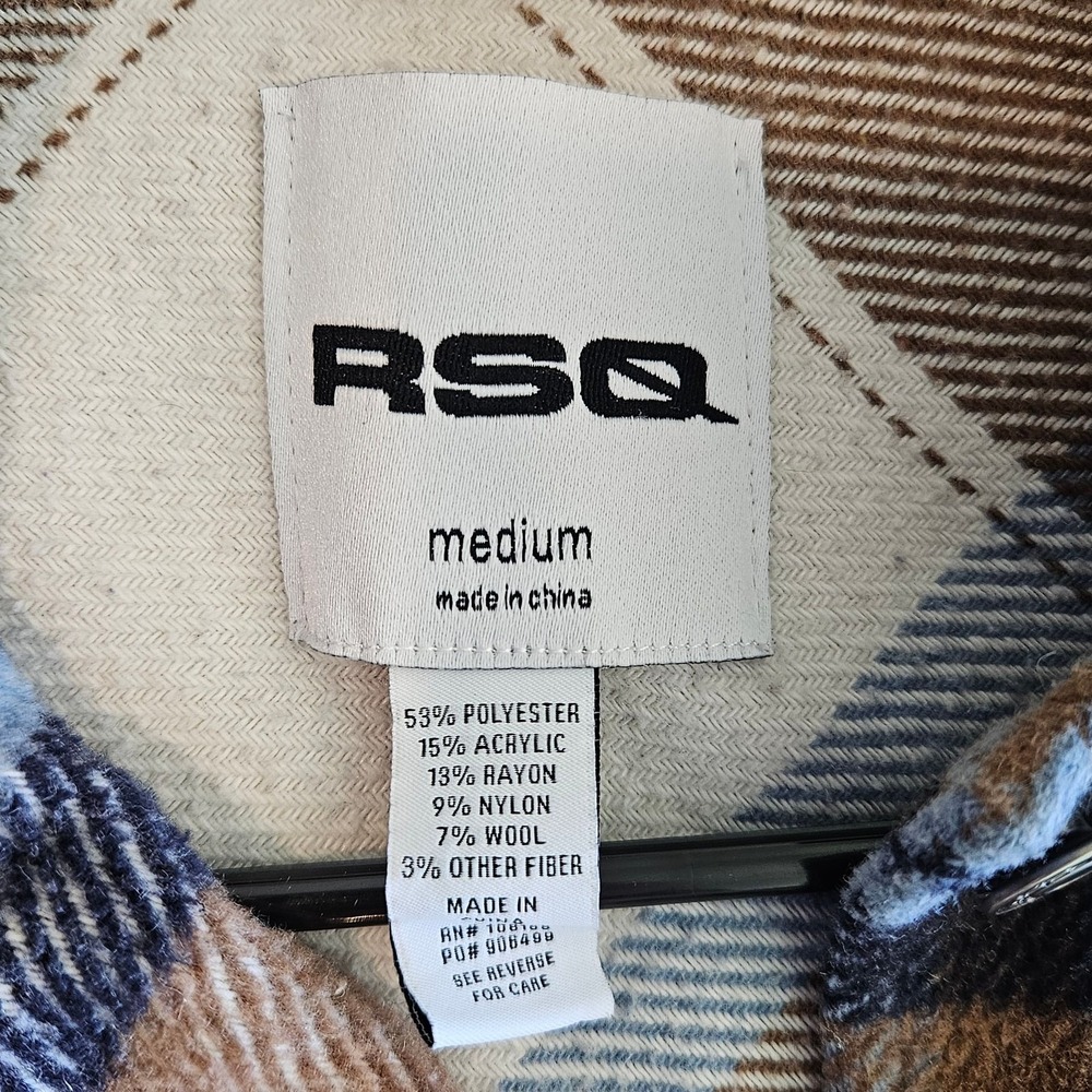 RSQ Womens Shirt Jacket Plaid Flannel Button Up M Tan Blue - Picture 5 of 5